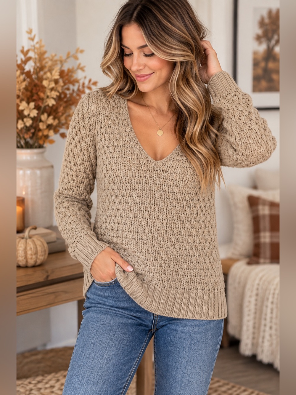 Tulle NWT Tan Wool Blend Textured Knit V Neck Sweater Small